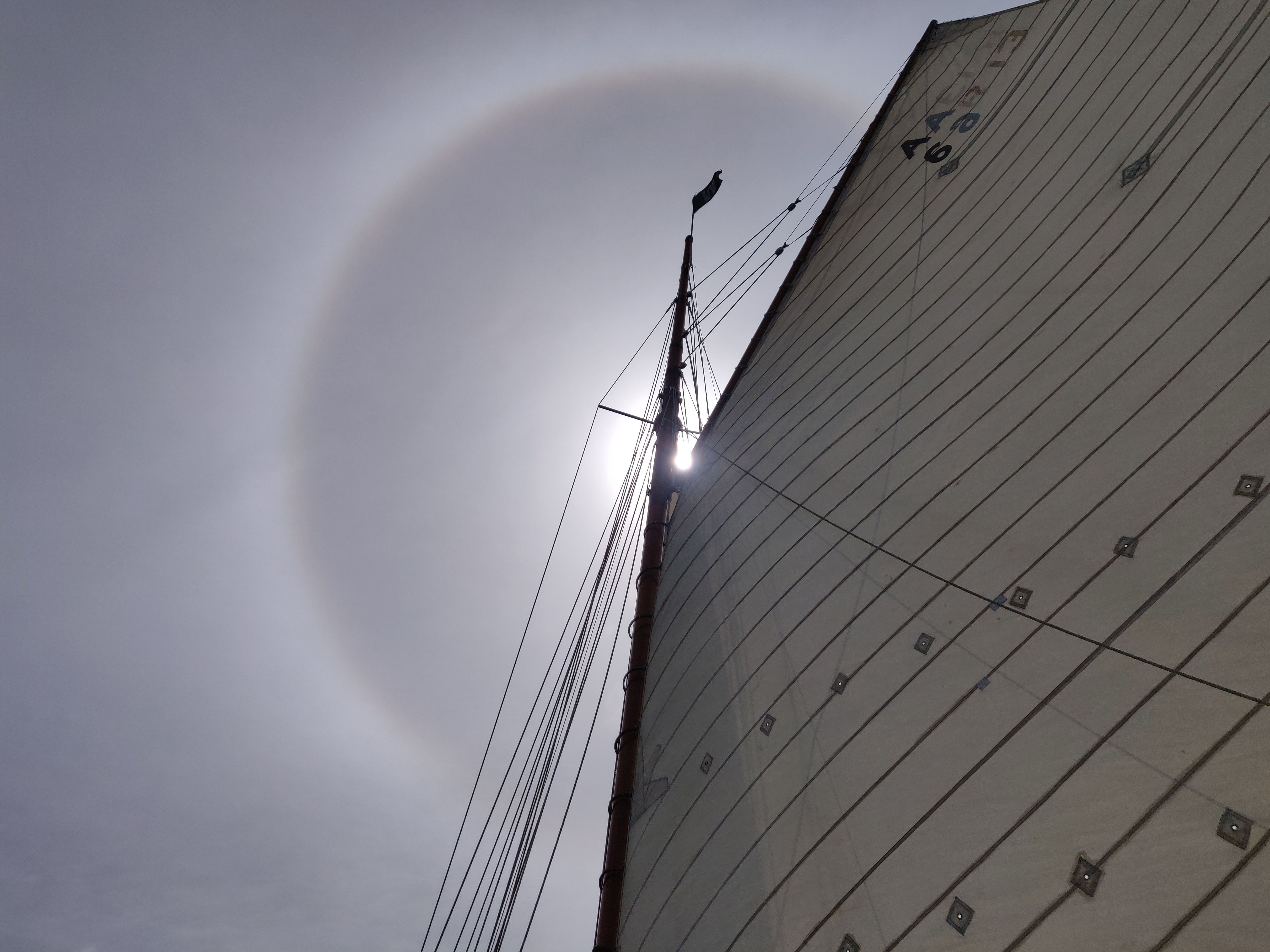 A solar halo seen from the deck of the classic yacht Waitangi.